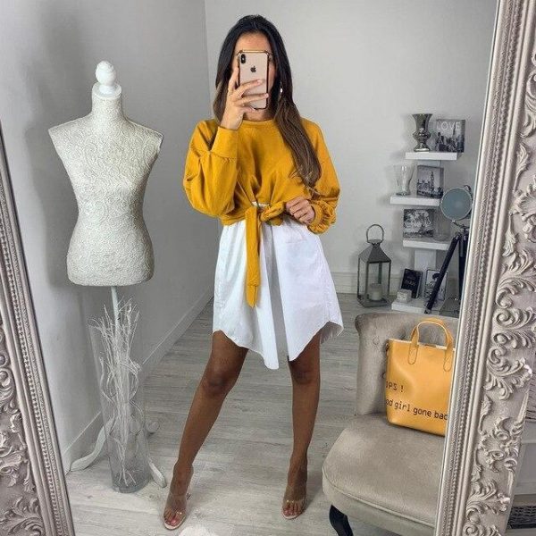 Fashion Round Neck Bow Bandage Patchwork  Long Sleeve Bandage Dress Casual Long Sleeve Women Shirt Dres  Shirt Dress Women - Takalr