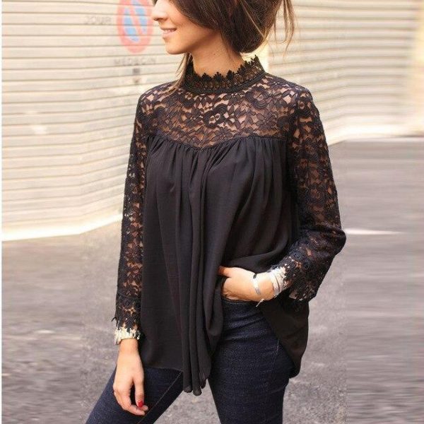 Fashion Sexy Lace Hollow Out See Through Turtleneck Long Sleeve Ruffled Women Blouse Sexy Tops and Shirt Women Tops - Takalr