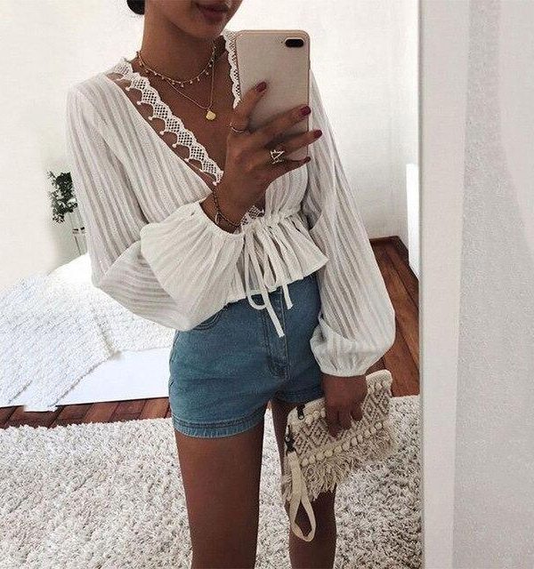 Fashion Sexy Low Cut Lace Patchwork Elastic Waist Solid Color Long Sleeve Women Blouse Sexy Lantern Sleeve Sexy Tops - Takalr