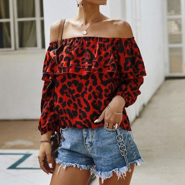 Fashion Sexy Off Shoulder Ruffled Leopard Printed Lanter Sleeve Women Blouse Sexy Women Long Sleeve Shirt Fall Clothing - Takalr