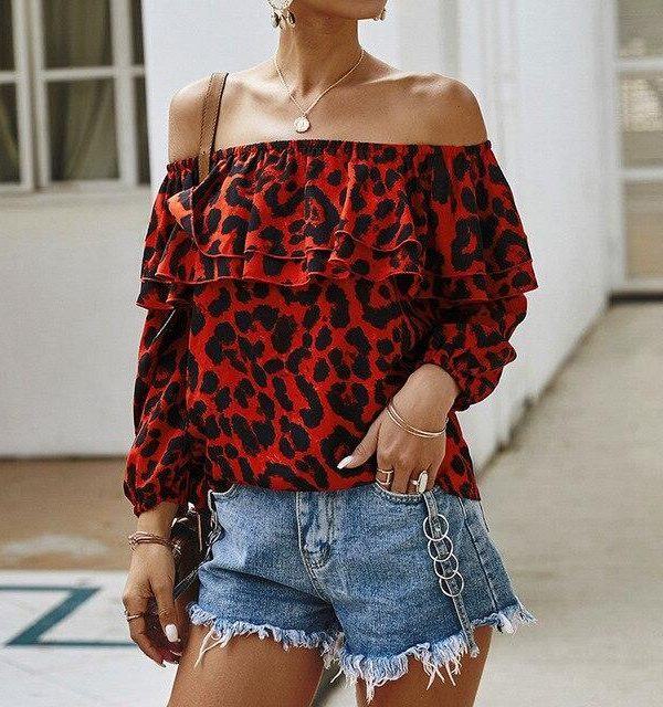 Fashion Sexy Off Shoulder Ruffled Leopard Printed Lanter Sleeve Women Blouse Sexy Women Long Sleeve Shirt Fall Clothing - Takalr