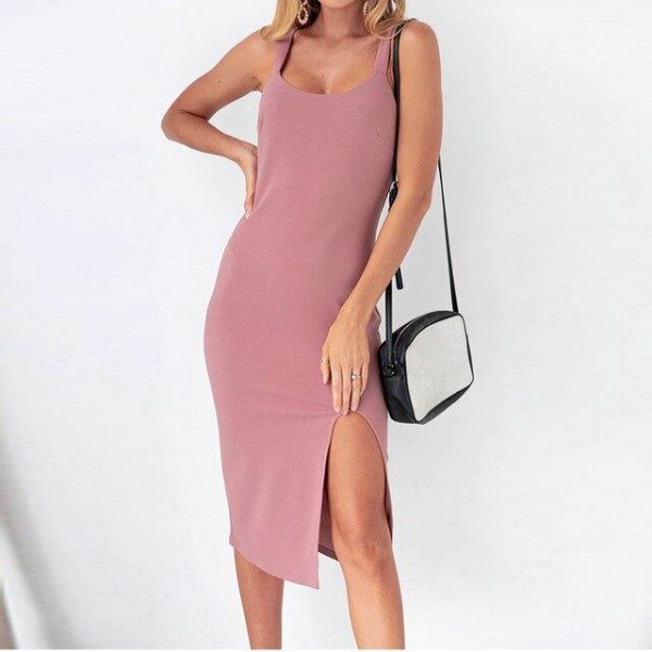 Fashion Sexy Off Shoulder Solid Color Sleeveless Split Bodycon Dress Summer Slim Women Party Dress Sexy Dress Women - Takalr