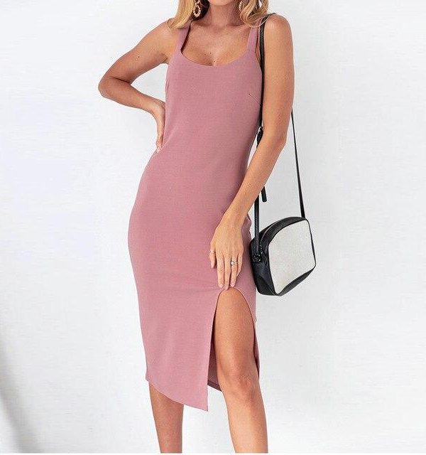 Fashion Sexy Off Shoulder Solid Color Sleeveless Split Bodycon Dress Summer Slim Women Party Dress Sexy Dress Women - Takalr