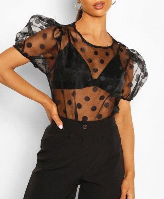 Fashion Sexy Round Neck Polka Dot See Through Women Tshirt Sexy See Through Women Tops Summer Tees Sexy Tops Women - Takalr