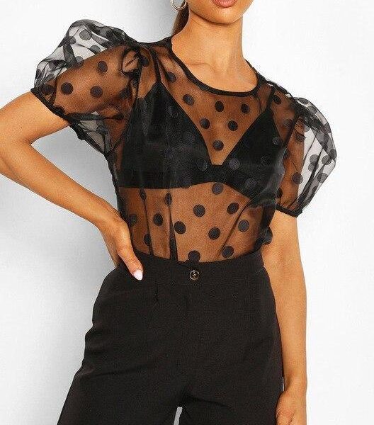 Fashion Sexy Round Neck Polka Dot See Through Women Tshirt Sexy See Through Women Tops Summer Tees Sexy Tops Women - Takalr