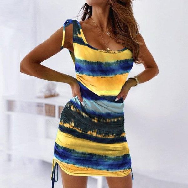 Fashion Sexy Sleeveless Tie Dye Wrinkled Bandage Bodycon Dress Sexy Women Summer Dress Tie Dye Dress Women - Takalr