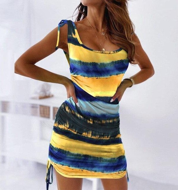 Fashion Sexy Sleeveless Tie Dye Wrinkled Bandage Bodycon Dress Sexy Women Summer Dress Tie Dye Dress Women - Takalr