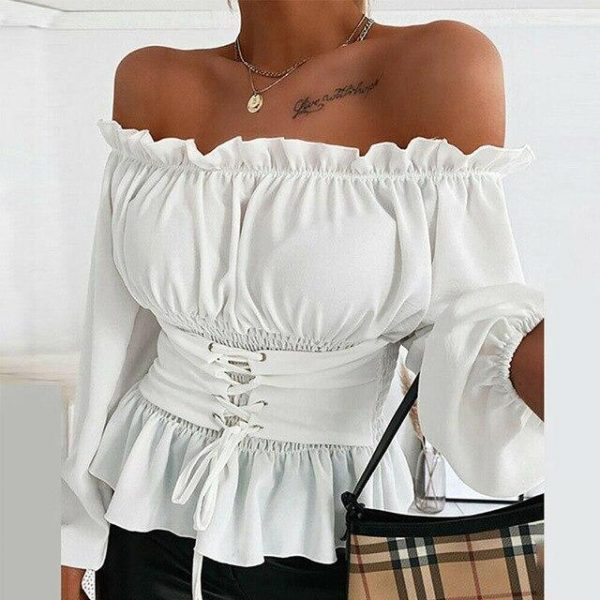 Fashion Sexy Solid Color Off Shoulder Lantern Sleeve Long Sleeve Bandage Women Blouse  Women Shirts Womens Tops and Blouses - Takalr