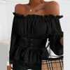 Fashion Sexy Solid Color Off Shoulder Lantern Sleeve Long Sleeve Bandage Women Blouse  Women Shirts Womens Tops and Blouses - Takalr