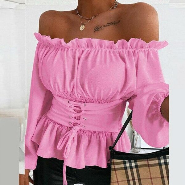 Fashion Sexy Solid Color Off Shoulder Lantern Sleeve Long Sleeve Bandage Women Blouse  Women Shirts Womens Tops and Blouses - Takalr