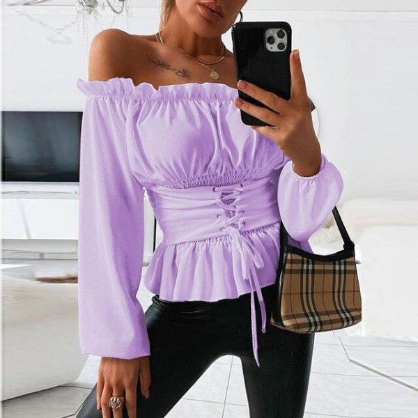 Fashion Sexy Solid Color Off Shoulder Lantern Sleeve Long Sleeve Bandage Women Blouse  Women Shirts Womens Tops and Blouses - Takalr