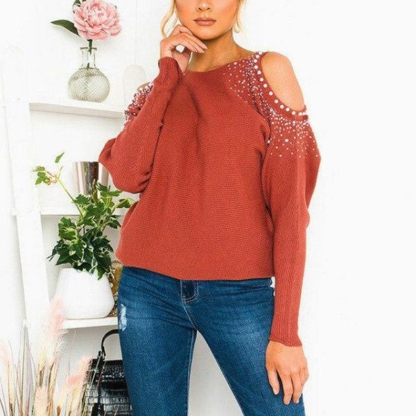 Fashion Sexy Tops and Shirt Solid Color Beading Off Shoulder Hollow Out Long Sleeve Women Blouse  Women Clothing - Takalr