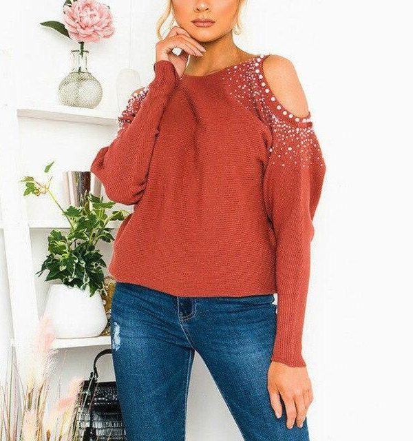 Fashion Sexy Tops and Shirt Solid Color Beading Off Shoulder Hollow Out Long Sleeve Women Blouse  Women Clothing - Takalr