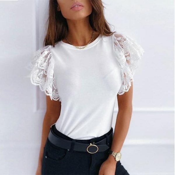 Fashion Solid Color Black and White Lace Roun Neck Women Blouse Butterfly Sleeve Short Sleeve Women Blouse Sexy Tops and Shirt - Takalr