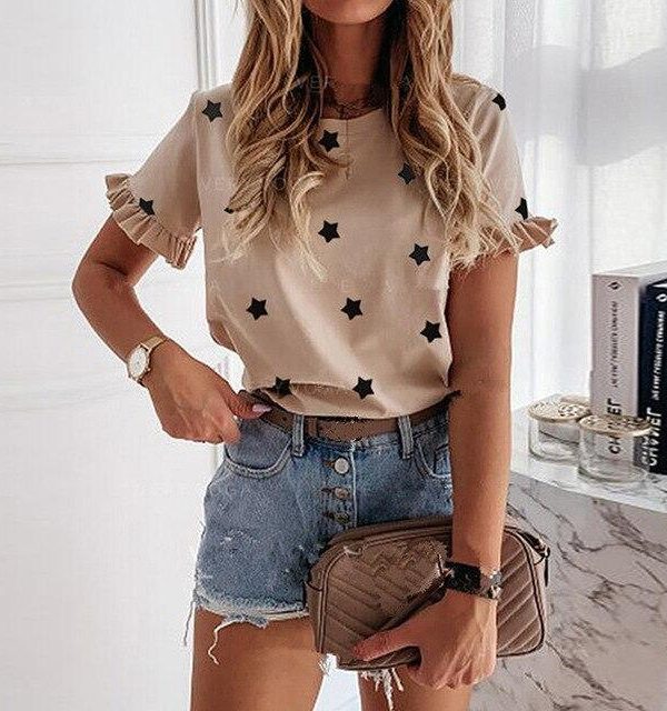 Fashion Solid Color Strar Printed Roun Neck Women Short Sleeve Tshirt Women Summer Sexy Tops and Shirt - Takalr