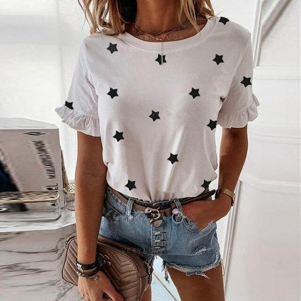 Fashion Solid Color Strar Printed Roun Neck Women Short Sleeve Tshirt Women Summer Sexy Tops and Shirt - Takalr