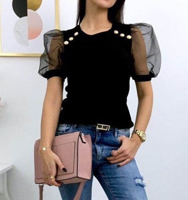 Fashion Summer Black Round Neck Puff Sleeve Women Blouse Short Sleeve Women Blouse Sexy Tops and Shirt Summer Tops Women - Takalr