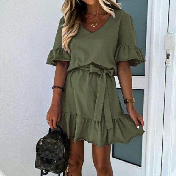 Fashion Summer Casual Solid Color  V Neck Ruffled Short Sleeve Women Summer Dress Sexy Women Dress Plus Size Women Dress - Takalr