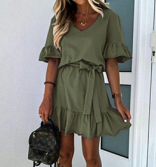 Fashion Summer Casual Solid Color  V Neck Ruffled Short Sleeve Women Summer Dress Sexy Women Dress Plus Size Women Dress - Takalr