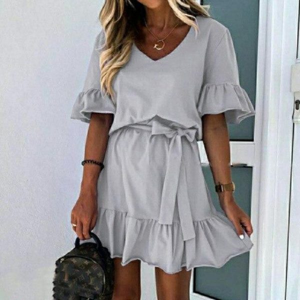 Fashion Summer Casual Solid Color  V Neck Ruffled Short Sleeve Women Summer Dress Sexy Women Dress Plus Size Women Dress - Takalr