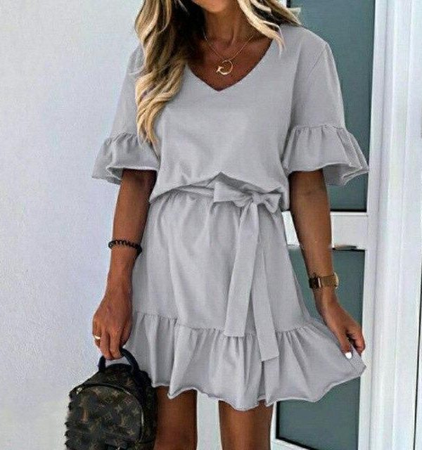 Fashion Summer Casual Solid Color  V Neck Ruffled Short Sleeve Women Summer Dress Sexy Women Dress Plus Size Women Dress - Takalr