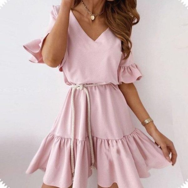 Fashion Summer Casual Solid Color  V Neck Ruffled Short Sleeve Women Summer Dress Sexy Women Dress Plus Size Women Dress - Takalr