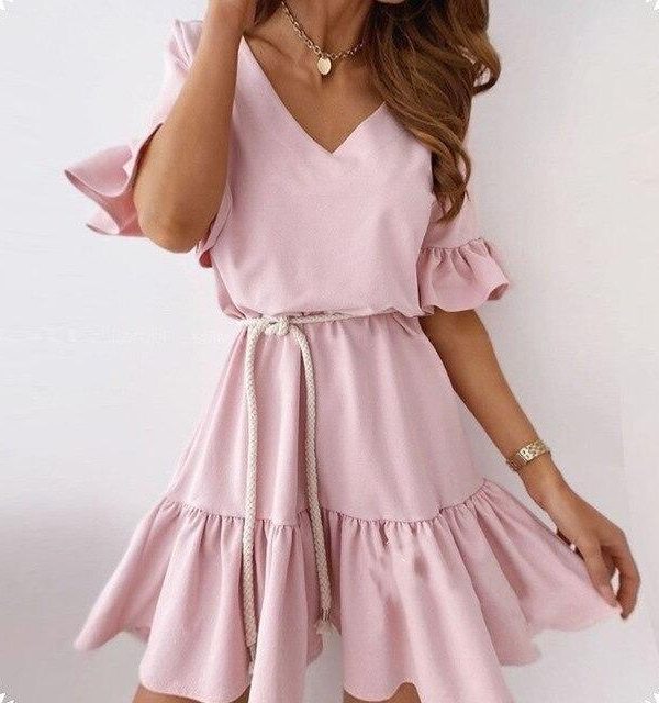 Fashion Summer Casual Solid Color  V Neck Ruffled Short Sleeve Women Summer Dress Sexy Women Dress Plus Size Women Dress - Takalr