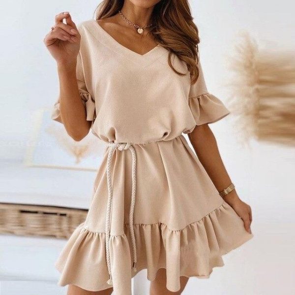 Fashion Summer Casual Solid Color  V Neck Ruffled Short Sleeve Women Summer Dress Sexy Women Dress Plus Size Women Dress - Takalr