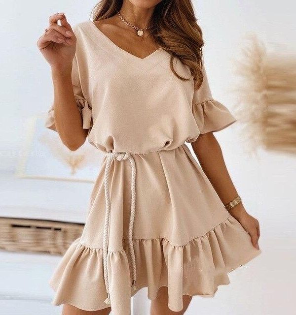 Fashion Summer Casual Solid Color  V Neck Ruffled Short Sleeve Women Summer Dress Sexy Women Dress Plus Size Women Dress - Takalr