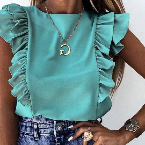 Fashion Summer Solid Color Round Neck Sleeveless Butterfly Sleeve Women Blouse Sexy Women Tops and Shirt Women Clothing - Takalr