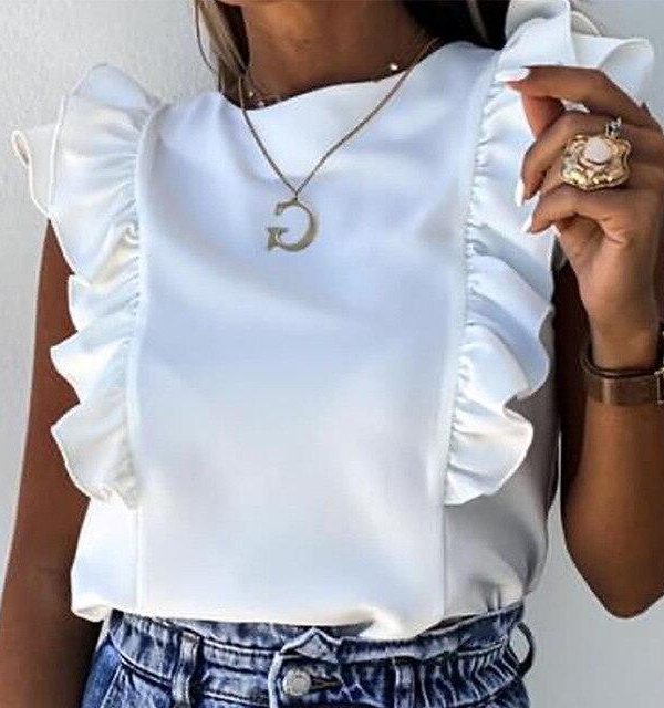 Fashion Summer Solid Color Round Neck Sleeveless Butterfly Sleeve Women Blouse Sexy Women Tops and Shirt Women Clothing - Takalr