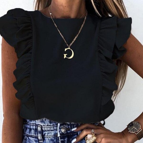 Fashion Summer Solid Color Round Neck Sleeveless Butterfly Sleeve Women Blouse Sexy Women Tops and Shirt Women Clothing - Takalr