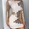 Fashion Women Dress Stand Neck Long Sleeve Sequined Dress Contrast Sequins Bodycon Mini Party Female Dresses Vestidos - Takalr