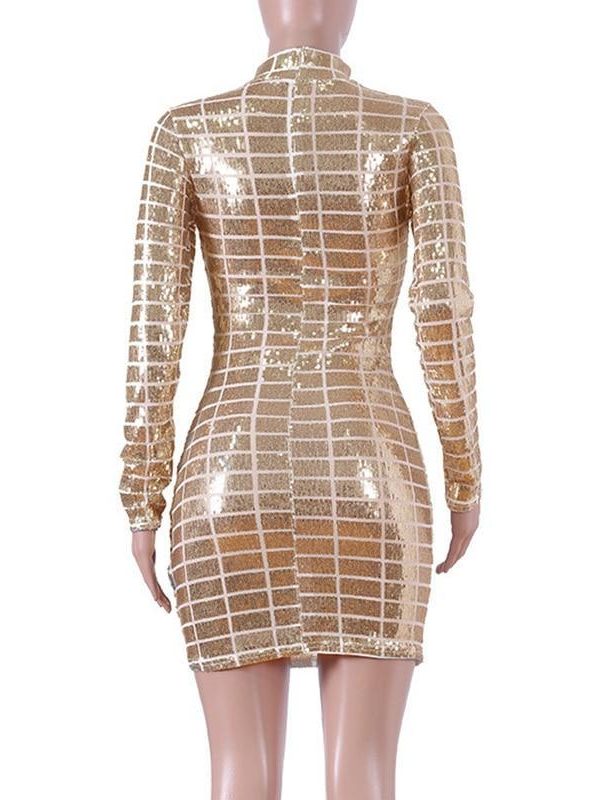 Fashion Women Dress Stand Neck Long Sleeve Sequined Dress Contrast Sequins Bodycon Mini Party Female Dresses Vestidos - Takalr