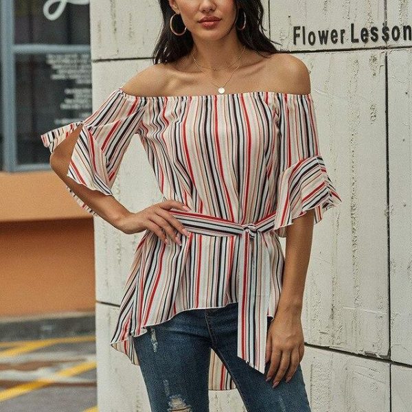 Fashion Women Office Wear Casual Striped Off Shoulder Flare Sleeve Lace Up Women Long Blouse Summer Tops and Shirt Women - Takalr