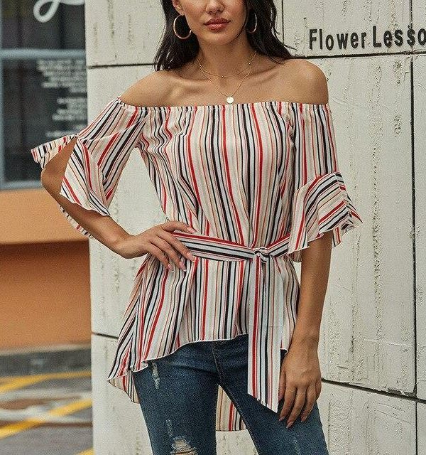 Fashion Women Office Wear Casual Striped Off Shoulder Flare Sleeve Lace Up Women Long Blouse Summer Tops and Shirt Women - Takalr