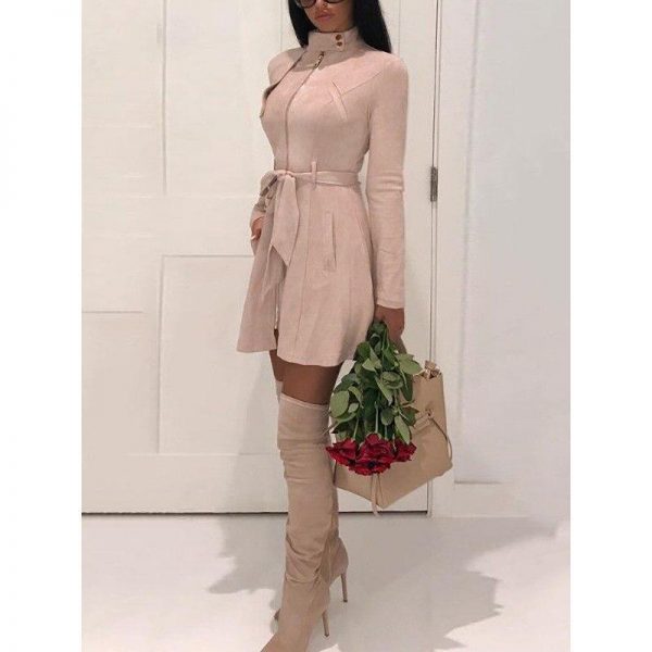 Faux suede leather dress Autumn fashion women suede leather dress with belt Vintage a line party dresses high waist vestido - Takalr