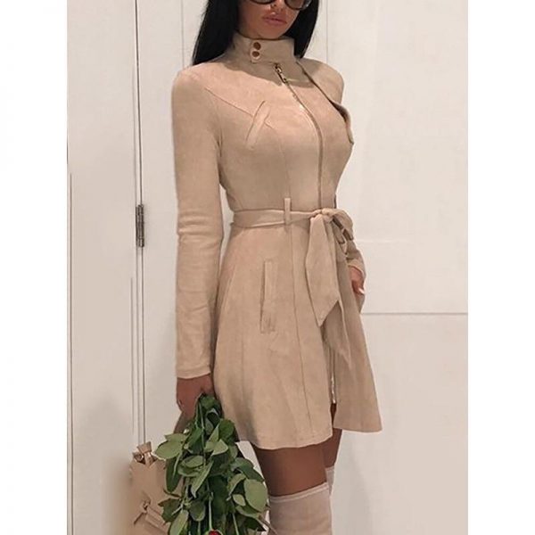 Faux suede leather dress Autumn fashion women suede leather dress with belt Vintage a line party dresses high waist vestido - Takalr