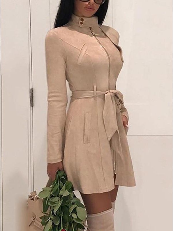 Faux suede leather dress Autumn fashion women suede leather dress with belt Vintage a line party dresses high waist vestido - Takalr