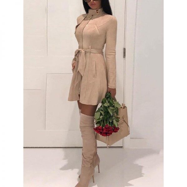 Faux suede leather dress Autumn fashion women suede leather dress with belt Vintage a line party dresses high waist vestido - Takalr