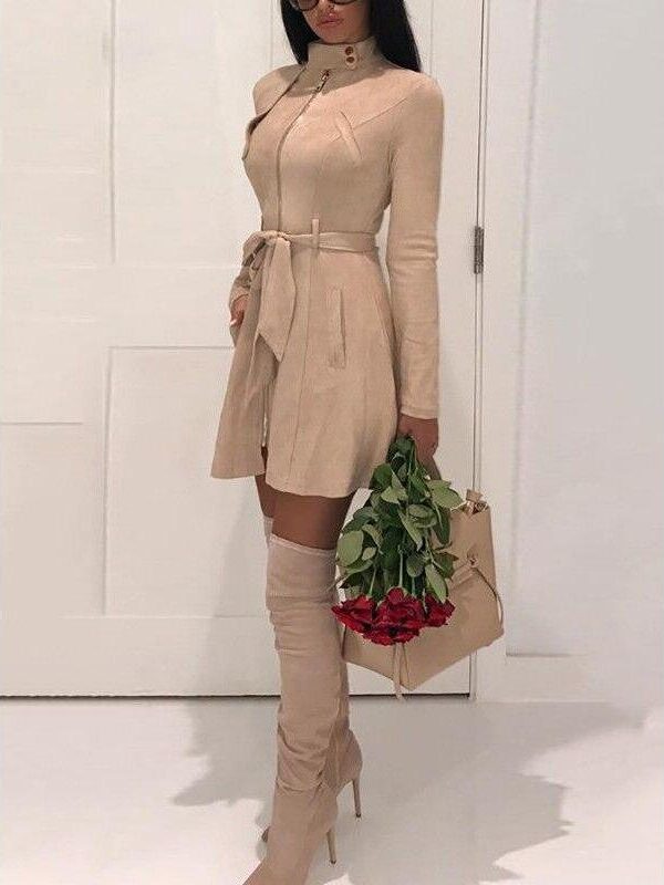 Faux suede leather dress Autumn fashion women suede leather dress with belt Vintage a line party dresses high waist vestido - Takalr