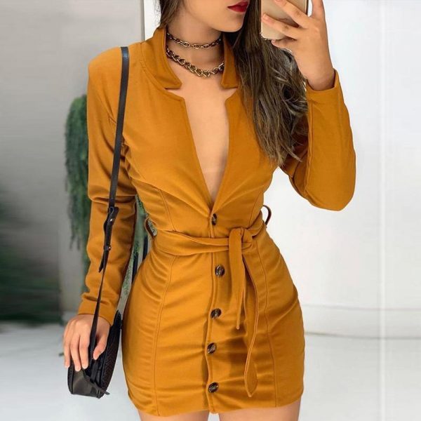 Faux suede leather dress women Long sleeve button sexy v neck dress Autumn Slim fit bodycon dresses suede vestidos - Takalr