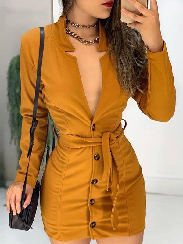 Faux suede leather dress women Long sleeve button sexy v neck dress Autumn Slim fit bodycon dresses suede vestidos - Takalr