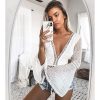 Flare sleeve white lace bodysuits blouse Summer fashion deep pv neck hollow out overalls for women Beach bodysuits femme - Takalr