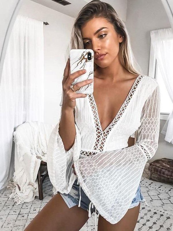 Flare sleeve white lace bodysuits blouse Summer fashion deep pv neck hollow out overalls for women Beach bodysuits femme - Takalr