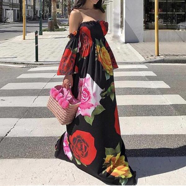 Flared sleeve off shoulder bohemian dress Women floral printed long dress Autumn fashion vacation maxi dress Boho vestidos - Takalr