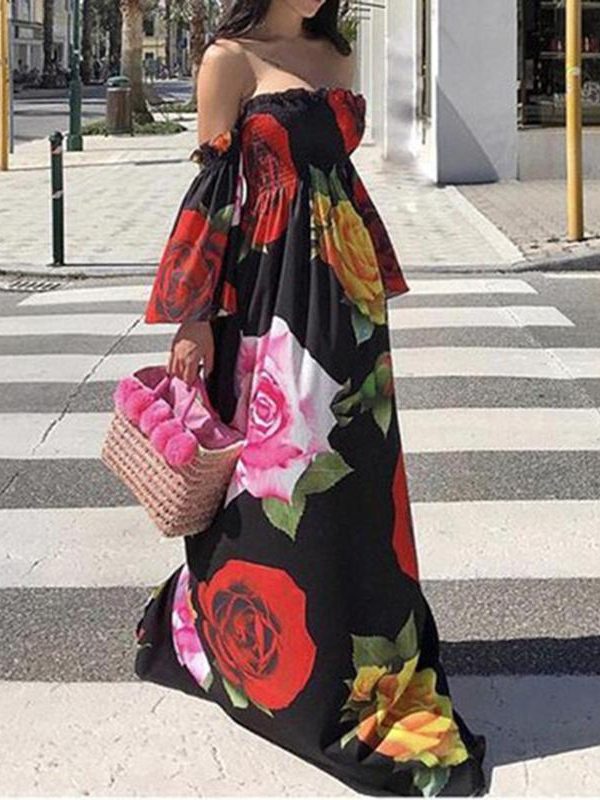 Flared sleeve off shoulder bohemian dress Women floral printed long dress Autumn fashion vacation maxi dress Boho vestidos - Takalr