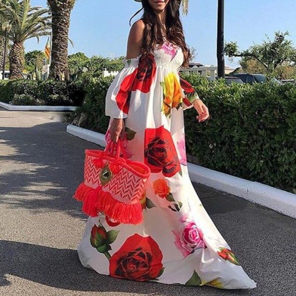 Flared sleeve off shoulder bohemian dress Women floral printed long dress Autumn fashion vacation maxi dress Boho vestidos - Takalr