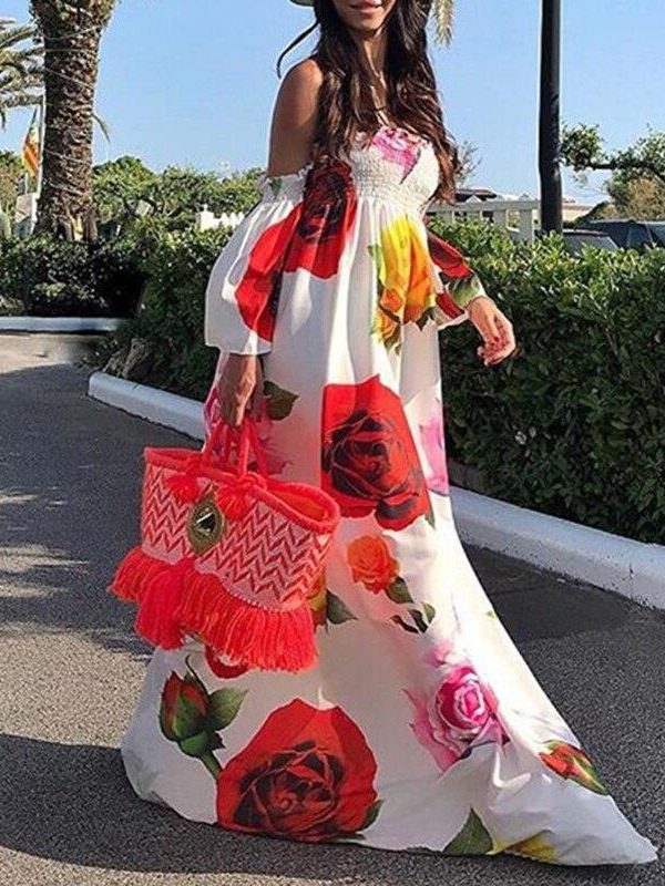 Flared sleeve off shoulder bohemian dress Women floral printed long dress Autumn fashion vacation maxi dress Boho vestidos - Takalr