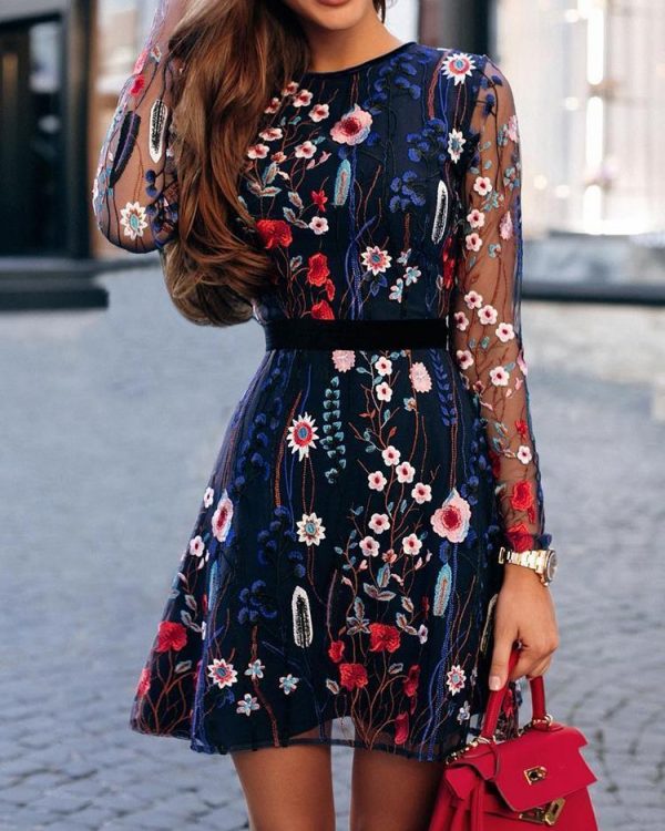 Floral Embroidery Mesh Sleeve Mini Dress - Takalr